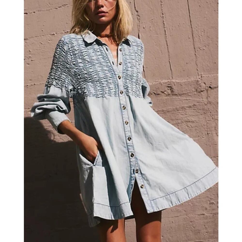 Free People Smocked Bleached Denim Find Me Now Mini Dress Long Sleeve Buttons XS - Picture 2 of 6